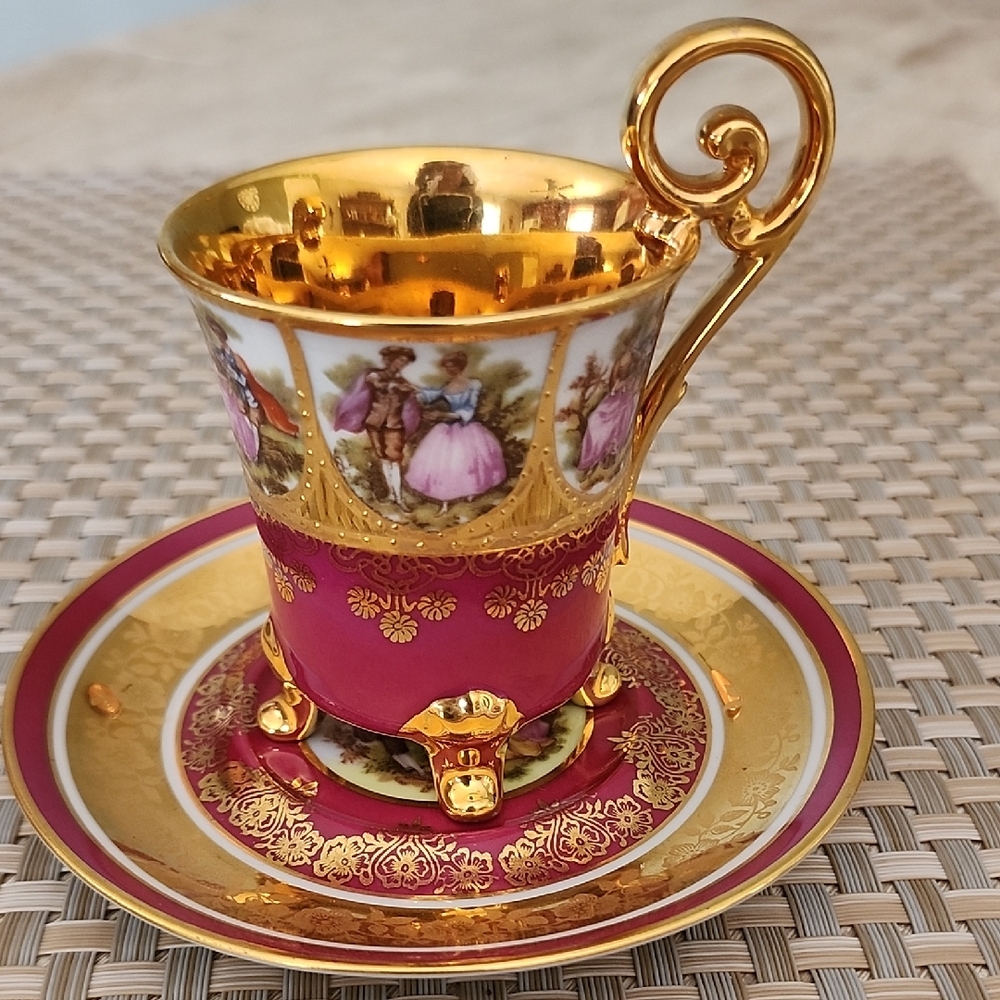 Lovely Vintage Gold and Pink Porcelain Teacup Set Demitasse size